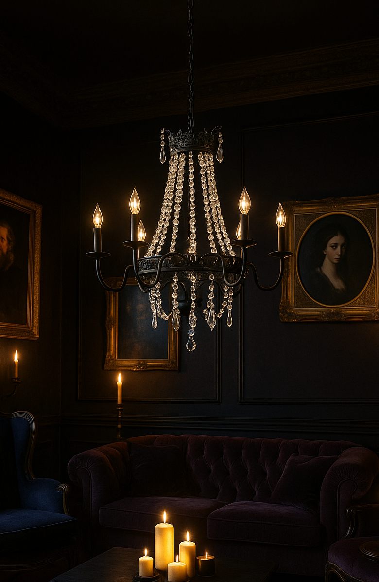 Black gothic chandelier with crystal strands hanging in an opulent dark living room with baroque decor and moody lighting